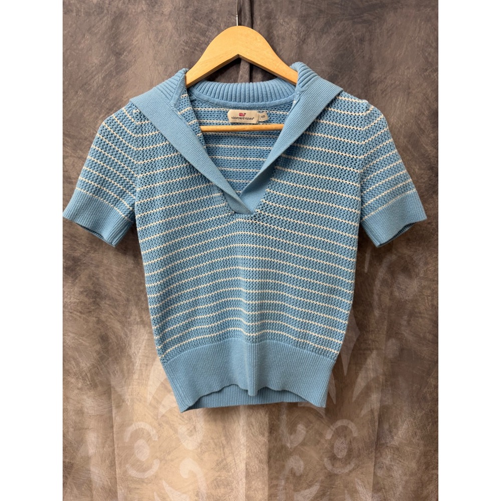 Vineyard Vines Womens XXS Blue Striped Sailor Collar Short Sleeve Knit Sweater